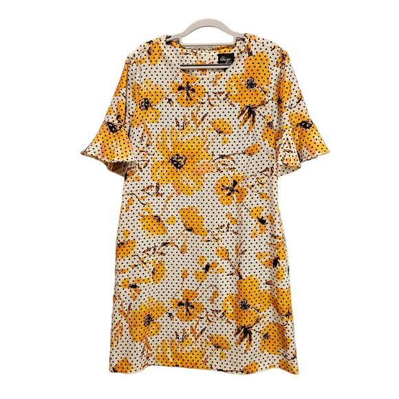sunflower polka dot shift dress womens 12 yellow bell ruffle sleeves career fun - Picture 1 of 16